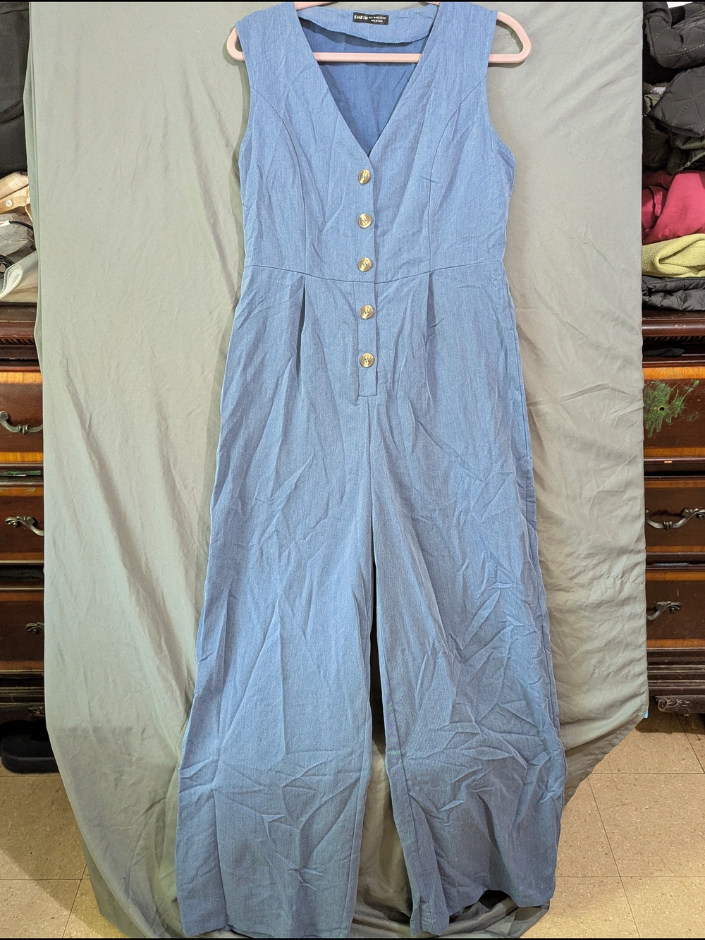 Sleeveless Wide-Leg Soft Denim Jumpsuit with Gold Buttons - Blue